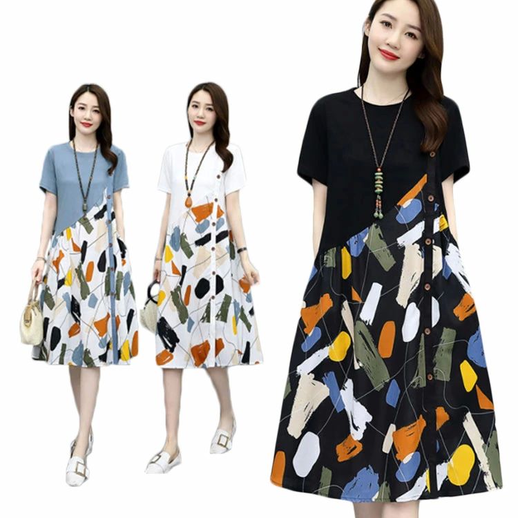 着痩せ ゆったり 韓国 大きサイズ 麻 綿 リネン 丸襟 夏 半袖 ミディアム丈 ロング丈 ワンピース リネンワンピース レディース