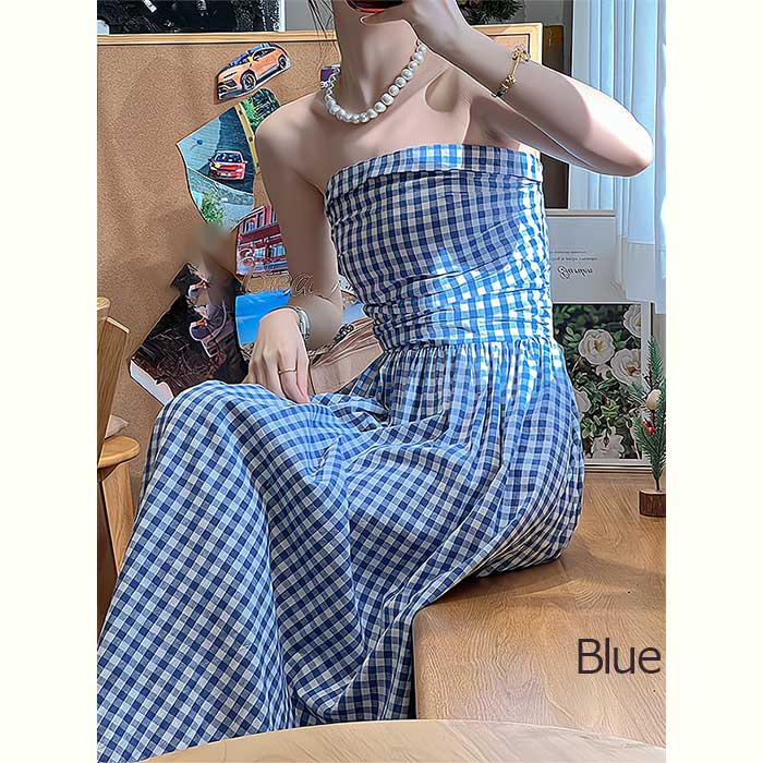 ストレッチ おしゃれ ブルー ブラック Aライン ビーチ 海 リゾート チェック マキシワンピ マキシ丈 ロング丈 ワンピース