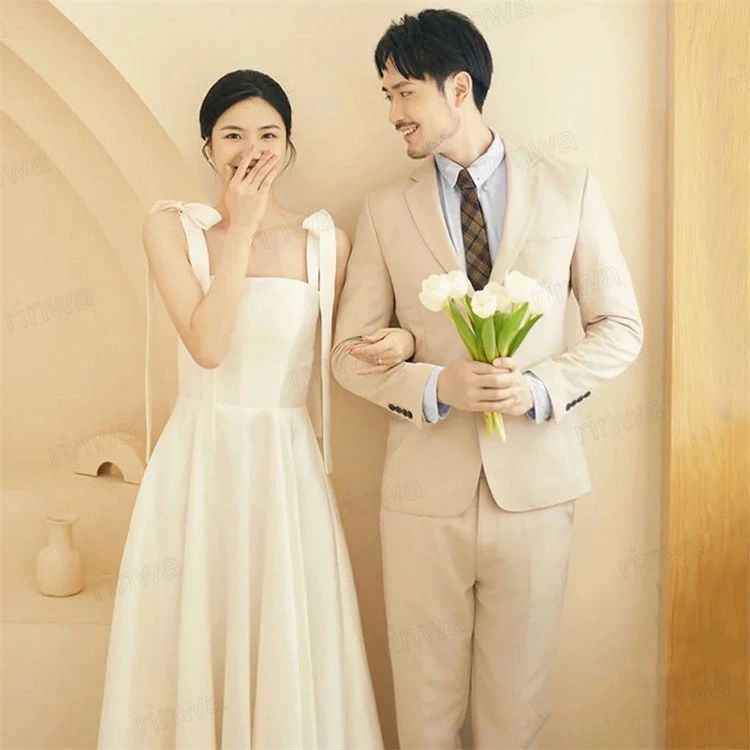 ウエディングドレス ノースリーブ リボン 花嫁ドレス フォト婚 前撮り 二次会 白 二人婚 wedding dress レディースドレス 結婚式 2