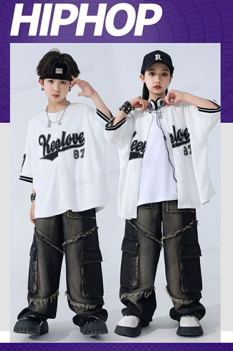 デニムパンツ キッズダンス衣装 セットアップ 半袖 シャツ トップス 白 tシャツ ロングパンツ 韓国 k-pop ダンス衣装 ユニセック