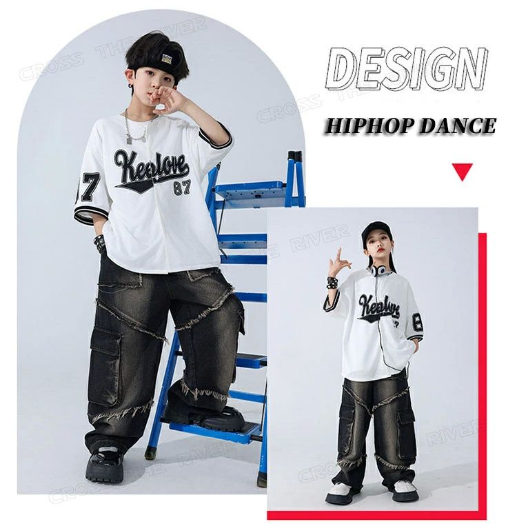 デニムパンツ キッズダンス衣装 セットアップ 半袖 シャツ トップス 白 tシャツ ロングパンツ 韓国 k-pop ダンス衣装 ユニセック