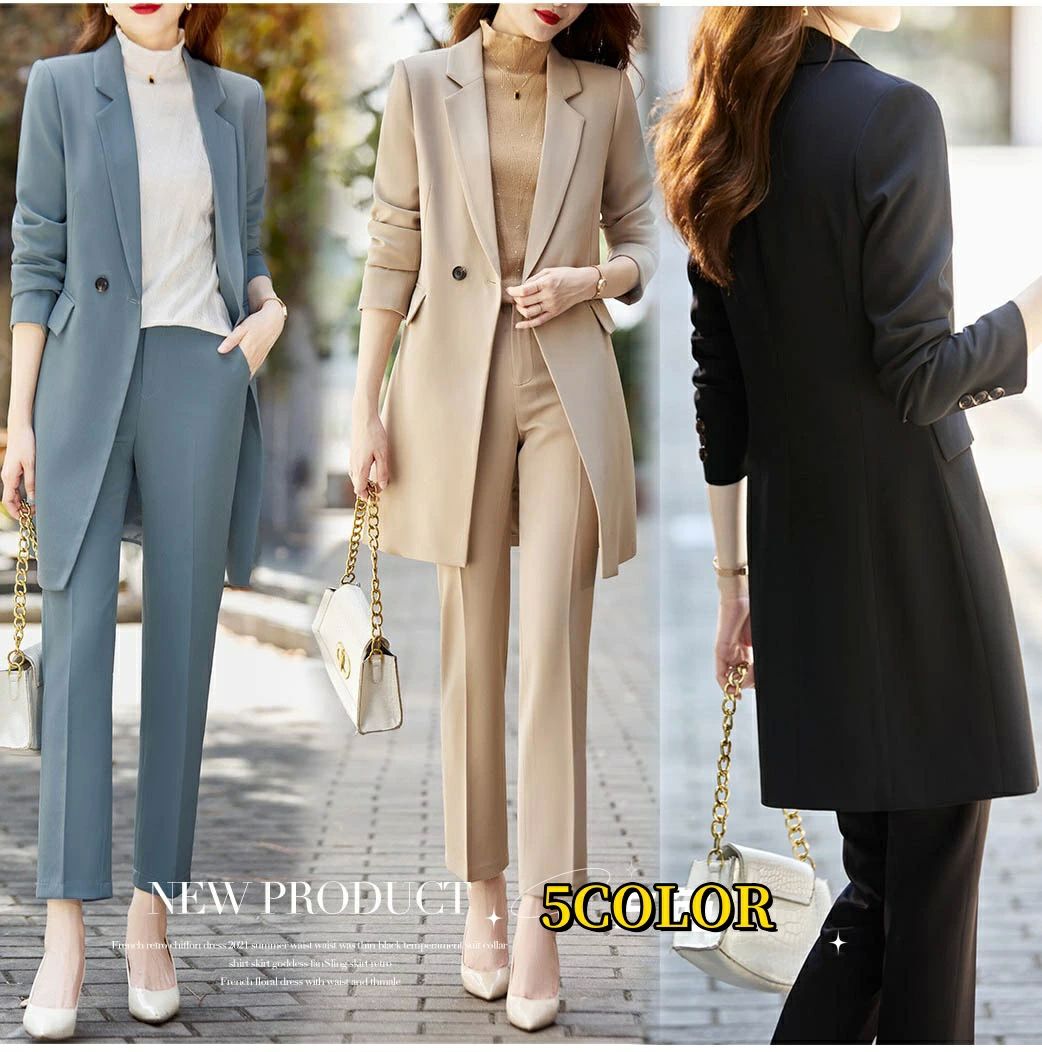 ロングコート アウター ビジネススーツ フォーマル 春秋 2点セット ロングジャケット+パンツ パンツスーツ セットアップ スーツ