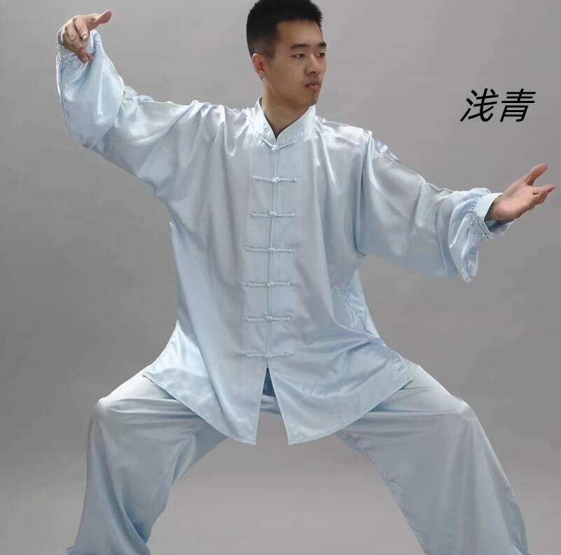 無地 光沢 ウェア 武術服 演舞服 上下 太極拳 カンフー 気功 シルク 長袖 武術 ゆったり
