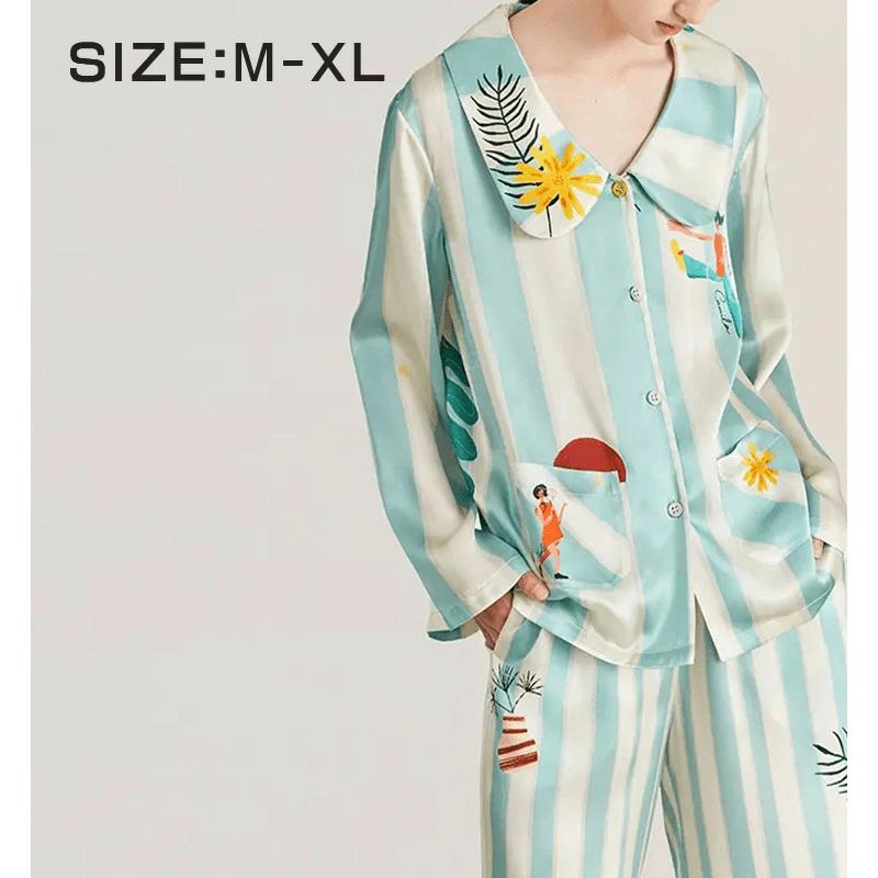 可愛い 寝間着 氷シルク 長袖 部 春夏秋 薄手 ストライプ柄 おしゃれ 快適 パジャマ レディース Vネック 長ズボン セットアップ