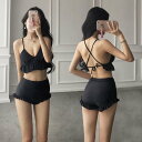 黒 ホルターネック 無地 三角ビキニ かわいい セクシー ワイヤー 小胸 2点セット フレア フリル 可愛い 女の子 レディース 水着
