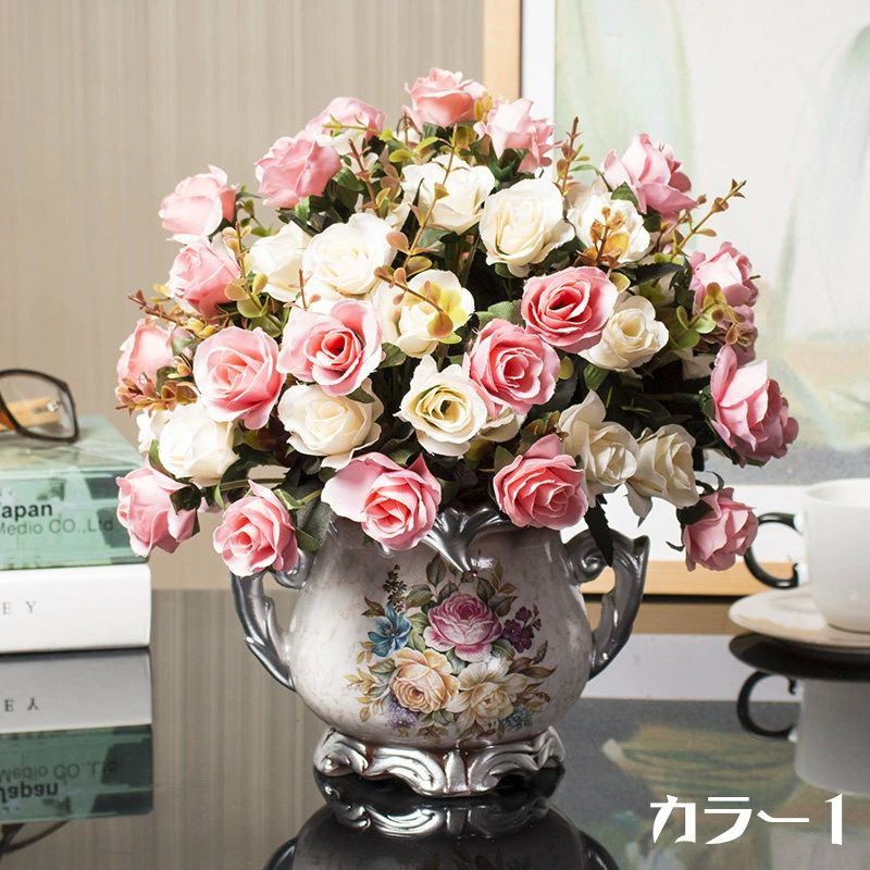 手作りフ 枯れない花 ウェディング 庭園 ホーム 美術館 玄関飾り インテリア 置物 水やり不要 花瓶付き 本物そっくり 薔薇 造花