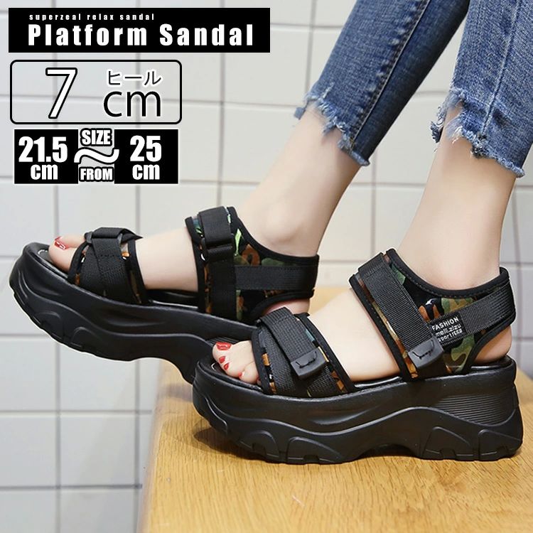 滑り ストラップ ベルト カモフラージュ 迷彩柄 マジックテープ スニーカーサンダル プラットフォーム サンダル レディース 厚底