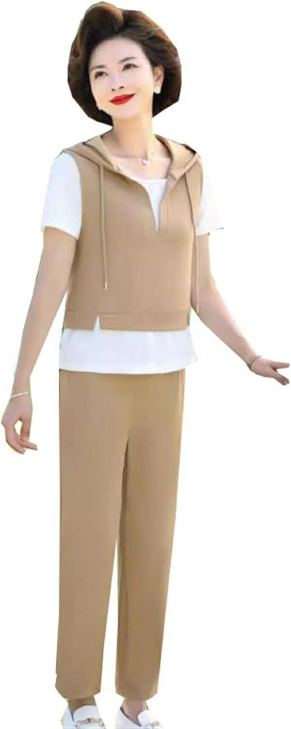 スポーツ ママ服 プレゼント tシャツ ロングパンツ フェイクレ 母の日 薄手 半袖パーカー 半袖 上下セット 2点セット フード付き