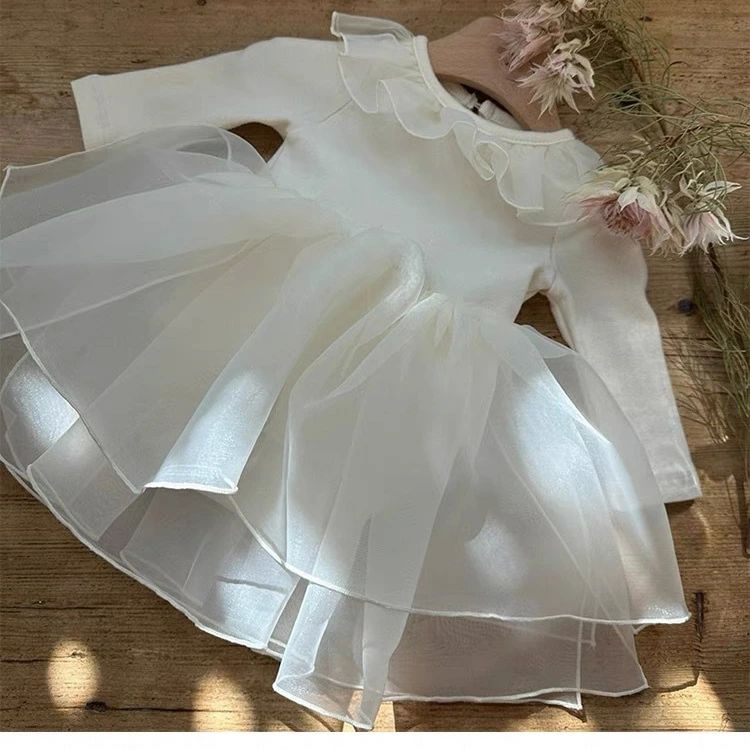 ワンピース ロンパース 女の子 ホワイト 白 ベビー ドレス 長袖 チュール ベビー服 セレモニードレス 赤ちゃん かわいい 可愛い