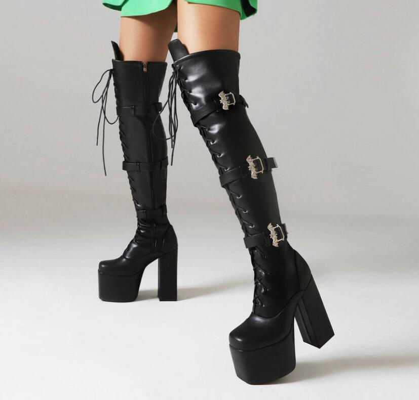 大きいサイズ BLACK ブラック 黒 厚底ブーツ レースアップ 編み上げ ニーハイブーツ レディース 美脚 ..