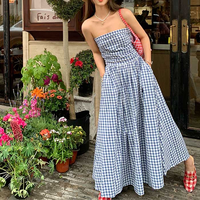 涼しい 夏 ノースリーブ おしゃれ ストレッチ ハイウェスト フレア ベアトップ マキシ丈 ロング丈 レディース ワンピース ブルー