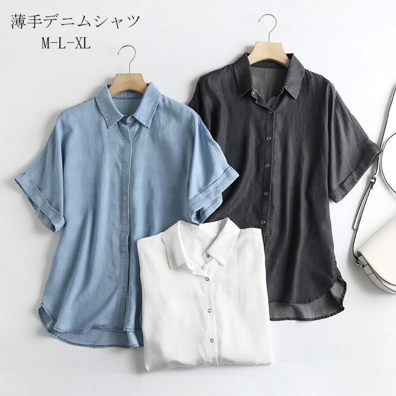 カーディガン チュニック 前開け ゆったり 薄手 40代 体型カバー 無地 レディース 半袖 シャツブラウス トップス デニム シャツ(4)