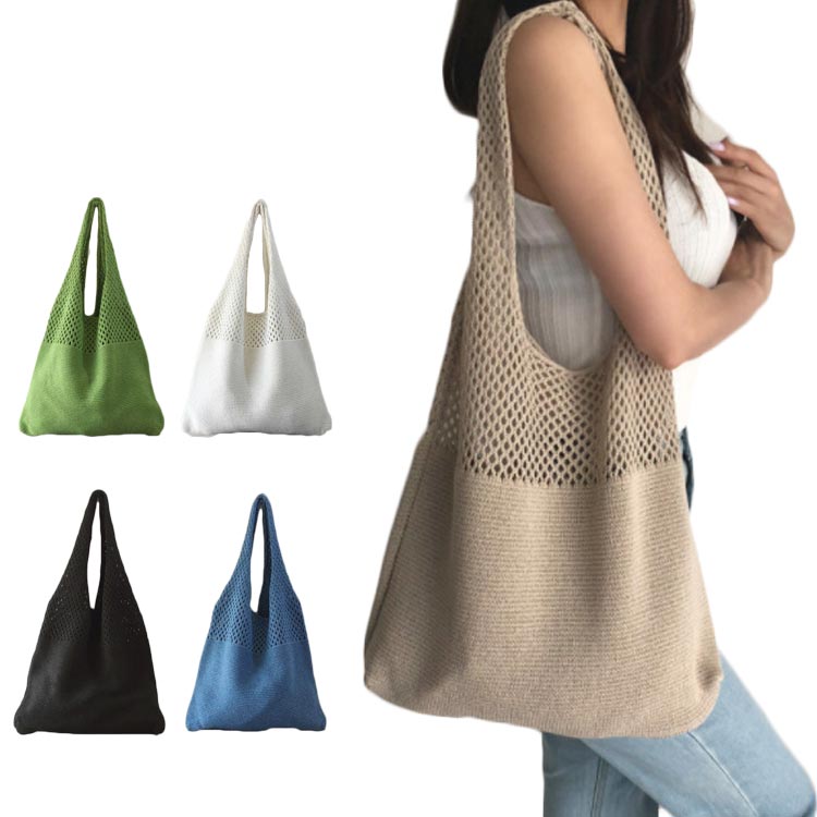 肩がけ 編上げバッグ 手編み カジュアル お出かけ 軽量 ハンドメイド 普段使い ニットバッグ トートバ..