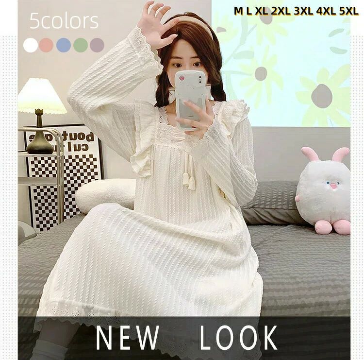 乐天商城 - Tシャ フリル シャツ 綿 無地 寝間着 寝巻き 部屋着 レディース 春夏秋冬 ネグリジェ 姫系 可愛い 長袖 ルームウェア パジャマ