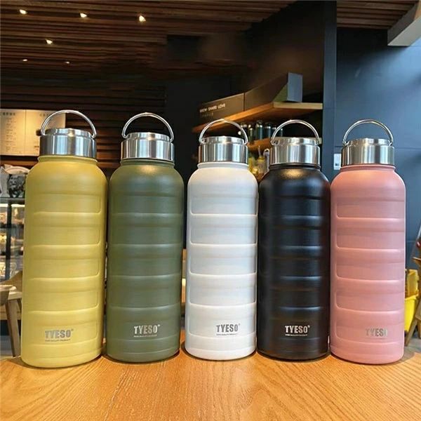 イエロ 1000ml 1リットル 子供 大人 ハンドル付 広口 2重構造 ステンレス 直飲み スポーツボトル 断熱 真空 マグボトル 魔法瓶