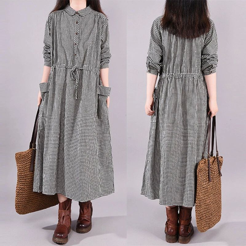 樂天商城 - 可愛い きれいめ 麻 綿麻 リネン コットン マキシ丈 チェック柄 シャツ ロング シャツワンピース ロングワンピース レディース