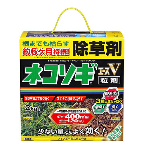 【用途】 非農耕地用除草剤。 【特徴】 成分が土壌に一定期間とどまるので、新しい雑草の発生を予防に効果的です。 天候や土壌の条件雑草の種類により異なりますが1〜2週間で枯れ始め30日前後でほとんど枯らし、成分が土壌に一定期間とどまるので新しい雑草の発生を予防できます。 この効果は約6ヶ月間持続します(散布した時期や散布量によって差が生じます)。 雑草の生える前から草丈20cm以下までの時に散布するのが最も効果的です。 草丈が大きい場合(目安：20cm以上)は、伸びた雑草を刈り取ってから1m2当り30gを散布し、粒をそのまま地面にパラパラとまきムラのないよう均一に散布してください。 【仕様】 ●容量：2kg。 ●粒のまま地面にパラパラとまくタイプ。 ●性状：類白色細粒。 ●有効成分：ヘキサジノン、DBN、DCMU。 ●有効期限：5年。 ●登録番号：第23291号。 【材質】 ●ヘキサジノン・DBN。 ●DCMU。 ●鉱物質微粉等。 【ブランド】 レインボー薬品 【メーカー名】 商品情報 メーカー名 名称 ネコソギエースV粒剤箱 サイズ 幅210×高さ200×奥行き120mm・重量2200g 原産国 日本国 セット内容付属品 使用上のご注意 植栽地を除く樹木等の周辺地で使用する場合は、薬剤が樹木等の植栽地に流入または飛散するおそれのある場所等では使用しないでください。植物の根から吸収されると薬害が発生するので、水田や水田への利用が考えられる用水路等に本剤の流入が想定される場所や、農作物および樹木等有用植物の付近では使用しないでください。傾斜地や砂質土壌では使用しないでください。作物の播種または植栽予定地では使用しないでください。激しい降雨が予想される場合は、使用をさけてください。雑草が大きくなりすぎると効果が劣るので、生育初期(草丈20cm以下)あるいは雑草を刈払った後早目に使用してください。土壌が極端に乾燥しているときの使用はさけ、適度の水分を含んでいるときに使用してください。ハウス等の施設内及びその周辺では使用しない。水源池、養殖池等に本剤が飛散、流入しないように十分に注意する。飛散により自動車やカラートタンの塗装等へ影響を与えないよう、散布地域の選定に注意し、散布区域内の諸物件に十分留意してください。散布器具、容器の洗浄水は河川等に流さず、空容器、空袋等は環境に影響を与えないよう適切に処理してください。使用量、使用時期、使用方法などを守る。特に初めて使用する場合は、病害虫防除所または販売店と相談することが望ましいです。眼に入った場合は直ちに水洗し、眼科医の手当を受けてください。皮ふに付着しないように注意し、皮ふに付いた場合は直ちに石けんでよく洗い落としてください。散布時は、農薬用マスク、手袋、長ズボン・長袖作業衣などを着用し、作業後は手足、顔などを石けんでよく洗い、うがいをしてください。駐車場、運動場などで使用する場合、散布区域に縄囲いや立て札をたて、散布中及び散布後(最小限その当日)に関係者以外は立ち入らせない。小児、人畜等に留意する。桑葉にかからないように注意し、使用残りの薬剤は必ず安全な場所に保管してください。使用残りの薬剤は必ず安全な場所に保管してください。