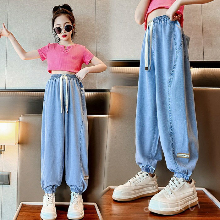 【送料無料】女の子 デニムパンツ 夏着 キッズ ジュニア カジュアルパンツ 涼しい 薄い 子供服 ジーンズ ボトムス 長ズボン 子供