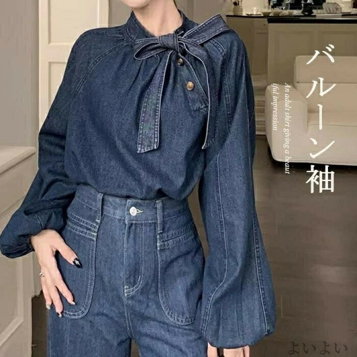 Long-Sleeved - 【送料無料】シャツブラウス プチハイネック トップス プルオーバー 長袖 レディース ブラウス ボウタイ デニム