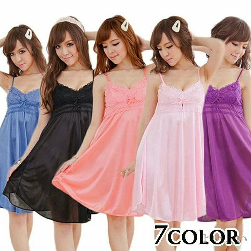 【送料無料】リボン レース ツヤ感 光沢感 サテン調 ルームウェア キャミソールワンピース ネグリジェ 袖なし 膝丈 レディース