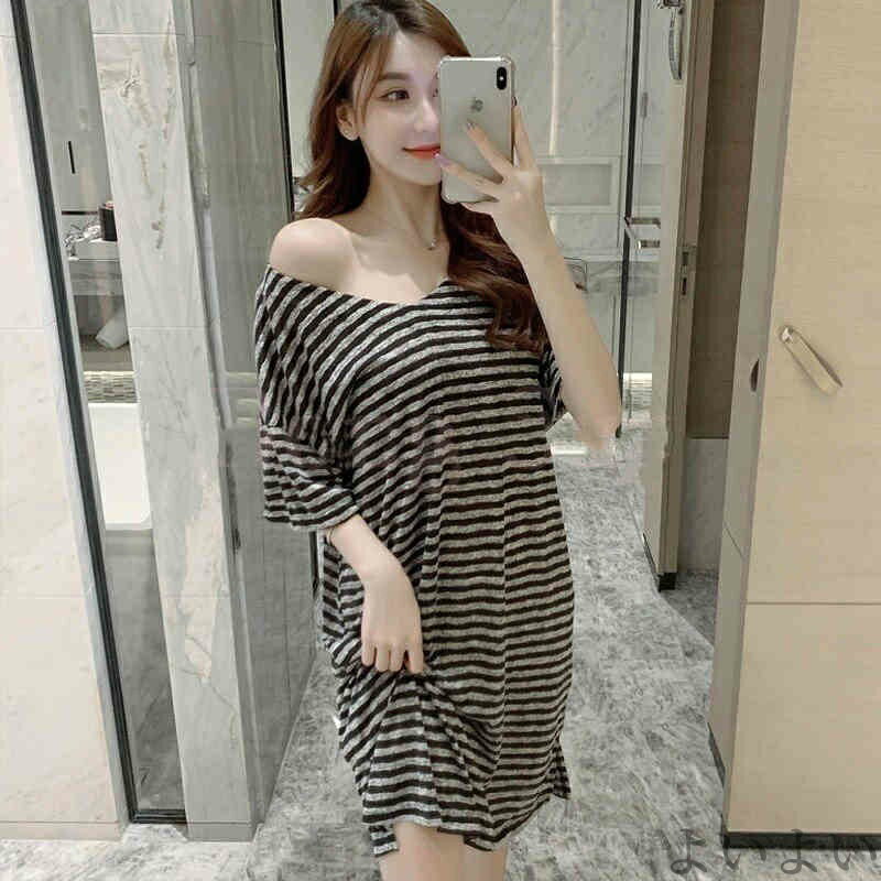 【送料無料】部屋着 寝巻き ルームウェア パジャマ 綿 春夏パジャマ ボーダー柄 半袖ワンピース パジャマ可愛い パジャマ