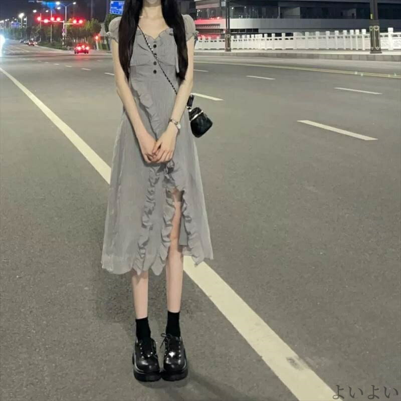 【送料無料】セミフレア スクエアネック Vネック フリル袖 パフスリーブ 半袖 ロング ミモレ 膝下 ロングスカート ワンピース スカート