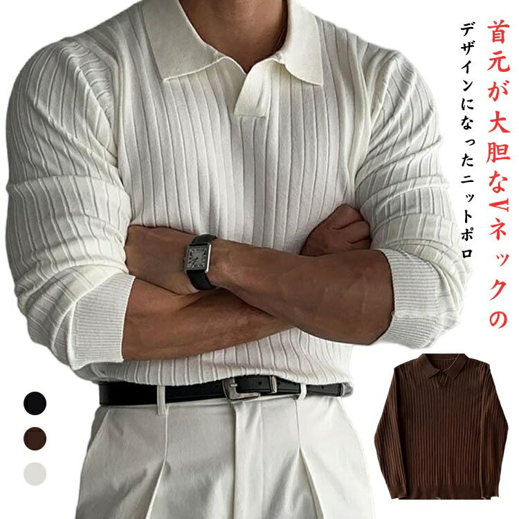 【送料無料】紳士服 防寒 通勤 長袖ニット 襟付き トップス ニットソー オフィス 大きいサイズ シンプル ポロシャツ 長袖ポロ