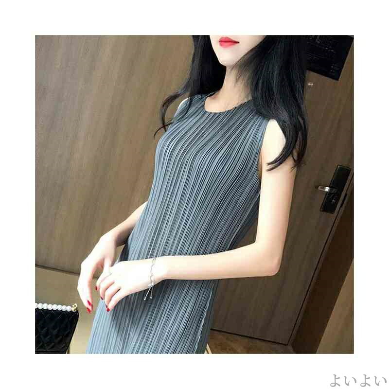 【送料無料】夏ワンピ サマーワンピース ロングワンピース おしゃれ カジュアル シンプル 無地 ノースリーブ プリーツ 着やせ