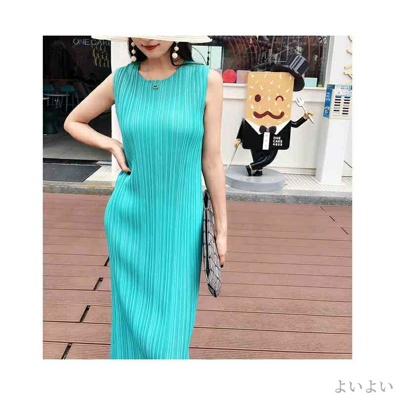 【送料無料】夏ワンピ サマーワンピース ロングワンピース おしゃれ カジュアル シンプル 無地 ノースリーブ プリーツ 着やせ