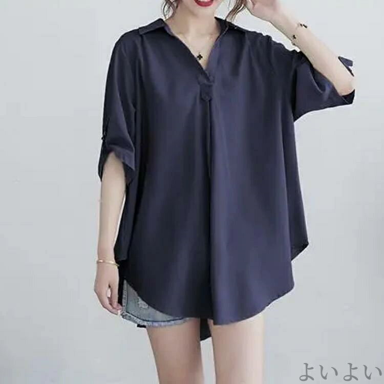 【送料無料】七分袖 体型カバー 洗える アシンメトリー シフォンシャツ 6色 ゆったり 大人 テールカット ロング シャツ