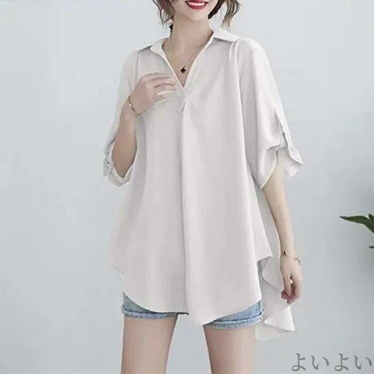 【送料無料】七分袖 体型カバー 洗える アシンメトリー シフォンシャツ 6色 ゆったり 大人 テールカット ロング シャツ