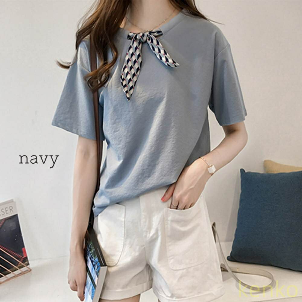乐天商城 - 【送料無料】Tシャツ レディース リボンTシャツ ティーシャツ 7分袖 大人 40代 ブランド 半袖 人気 かわいい 5分袖 カジュアル 薄手 ゆったり シャツ ブラウス Vネック 涼しい 春 ジム カットソ