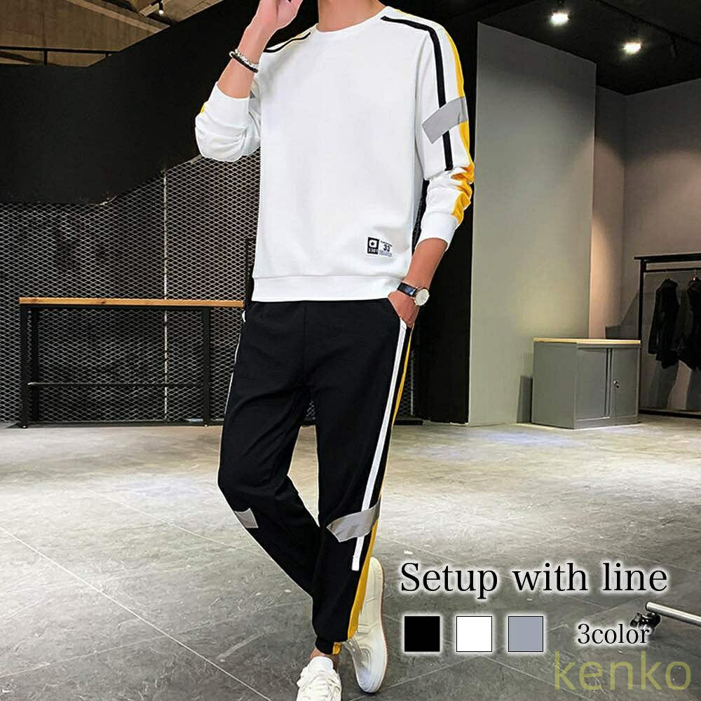Plain - 【送料無料】トレーナー メンズ ライン入りセットアップ 大きいサイズ 長袖 Tシャツ スウェット 派手 防寒 大人 ゴルフ 暖かい 韓国 白 おしゃれ ジップ 前開き 人気 ストリート 無地 極暖 ビ