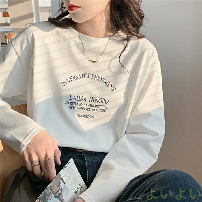 乐天商城 - 【送料無料】ロングTシャツ プリント レディース 長袖 tシャツ 綿 春新作 トップス ラウンドネック 可愛い 薄手