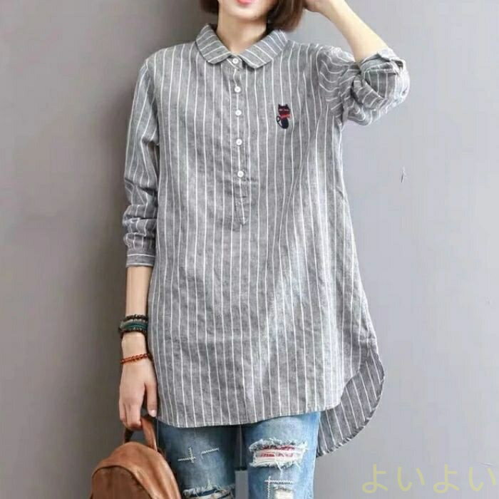 【送料無料】チュニック ロングシャツ 猫柄 シャツ レディース リネン チュニックシャツ 体型カバー 綿..