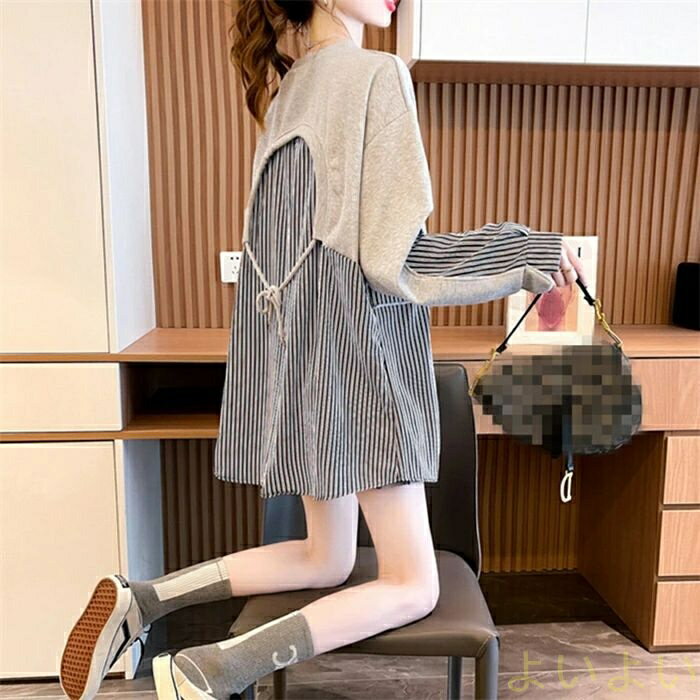 【送料無料】チュニック 秋服 レディース トレーナー 切り替え ストライプ 春秋 長袖 トップス 大きいサイズ ゆったり カジュアル