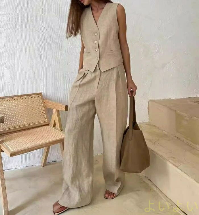 【送料無料】パンツセットアップ レディース 夏 上下セット 綿麻 リネン ノースリーブ ブラウス カジュアル 無地 ベスト+ロングパンツ ゆったり 体型カバー