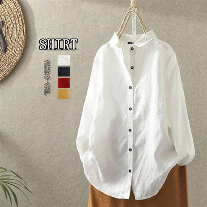 Short Sleeves - 【送料無料】ブラウス 白シャツ 長袖 レディース きれいめ 春 夏 羽織り 冷房対策 UVカット シャツ 白 ホワイトシャツ シャツブラウス OL 無地 長袖 大きいサイズ コットン リネン 綿 チュニック ロングシャツ 襟付き 立ち襟 オフィス 秋 春 夏 20代 30代 40代 50代