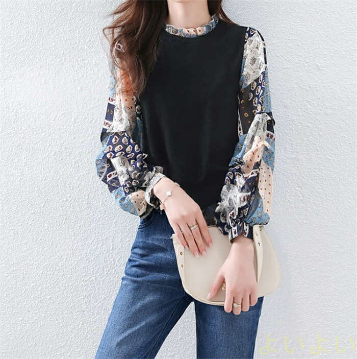 【送料無料】ニットTシャツ レディース 40代 秋服 長袖ニットソー オシャレ プリント切り替えニットトップス パフスリーブ カットソー 大人 通勤 Tシャツ 韓国風 30代 50代