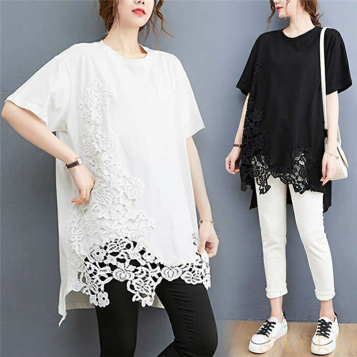 【送料無料】Tシャツ レディース チュニック シャツブラウス レース切り替え 刺? 綿 UVカット 紫外線対策 ロングシャツ チュニックワンピ 半袖 上着 春 夏 綿 無地 体型カバー ゆったり カジュアル 通勤 OL 上品 透かし編み 可愛い 20代 30代 40代