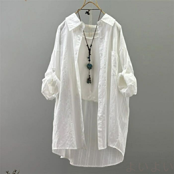 Long-Sleeved - 【送料無料】ロングシャツ シャツ UVカット レディース カーディガン 薄手 シャツブラウス カーデ ロング丈 ブラウス 羽織り 長袖 トップス アウター 上着 日焼け止め ゆったり 体型カバー 着痩せ オフィス カジュアル 通勤OL 大人 仕事 シンプル 20代 30代 40代 50代