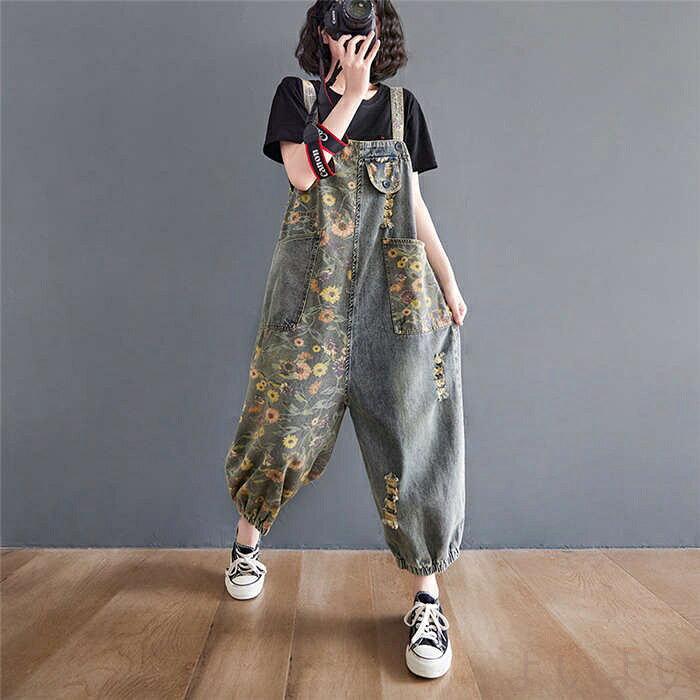 よいよいの【送料無料】サロペット レディース オールインワン デニムワイドパンツ ロング丈 春 夏 ゆったり 花柄 総柄 体型カバー 大きいサイズ カジュアル 可愛い｜アングル2