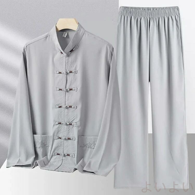 【送料無料】チャイナ服 メンズ カンフー服 男性用 太極拳服 上下セット チャイナシャツ スタンドカラー 長袖シャツ ロングパンツ 2点セット 男性用