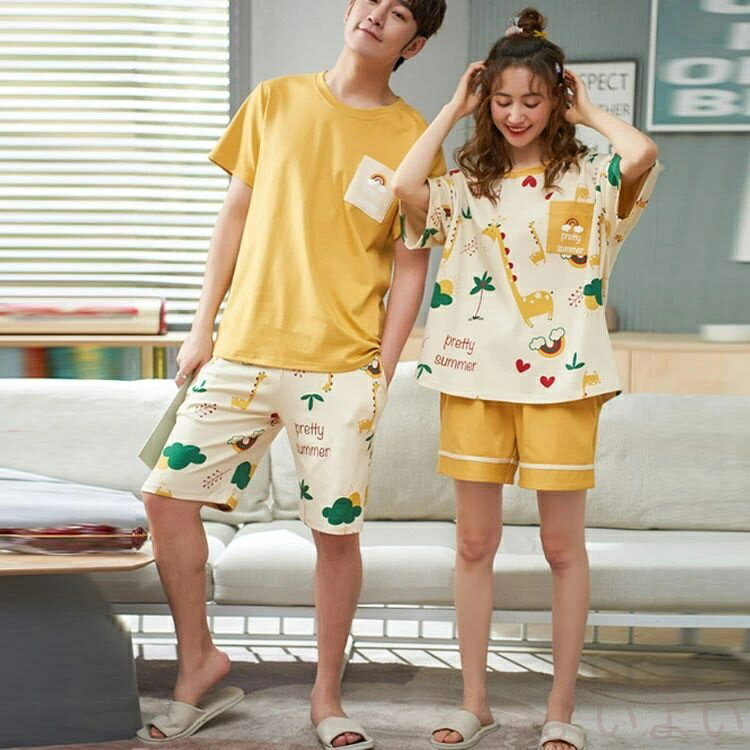 【送料無料】カップルパジャマ レディース メンズ ルームウェア 上下セット 2点セット ナイトウェア 涼しい 綿生地 セットアップ 部屋着 ゆったり 可愛い 半袖