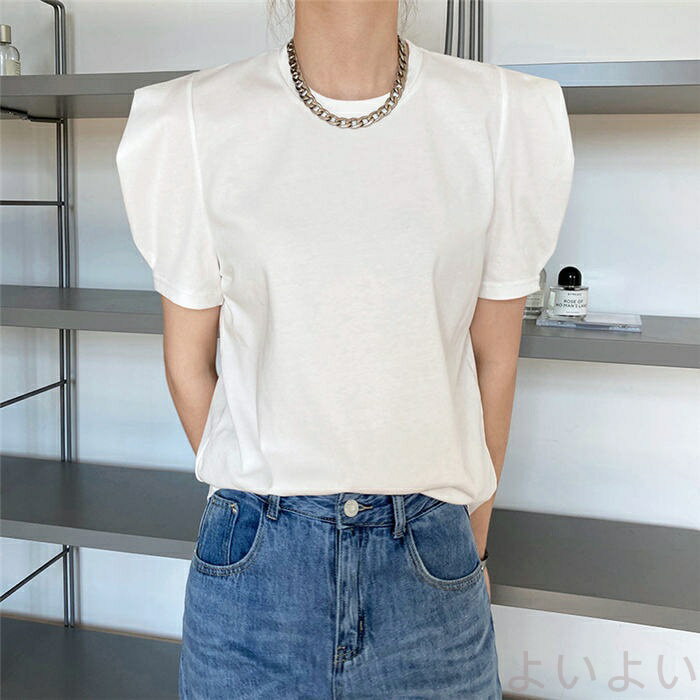 tシャツ カットソー Tシャツ レディース 黒 白 パフスリーブ トップス ラウンドネック 春 夏 お洒落 半袖 パフ袖 きれいめ 大人コーデ 大人女子 ガーリー