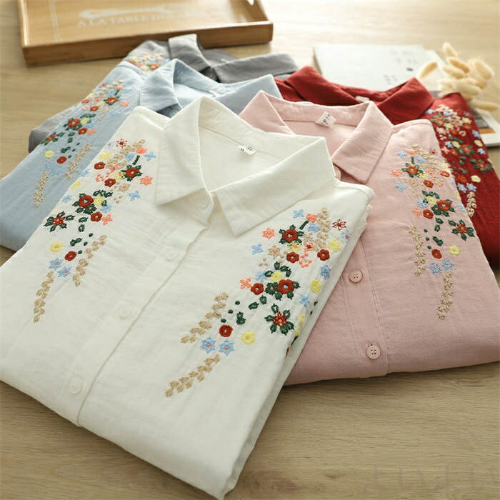 ガーゼシャツ コットン レディース 綿 刺繍 長袖 ダブルガーゼ 秋冬 春秋 小花柄 トップス ダブルガーゼシャツ 2重ガーゼ ガーゼ シャツ レディースシャツ