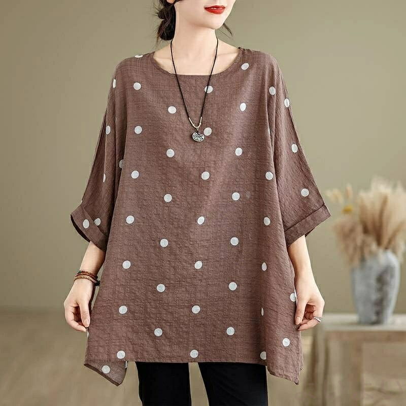 チュニック ブラウス 水玉柄 レディース ロングシャツ ドット柄 七分袖 プルオーバー クルーネック 綿麻風 チュニックワンピース トップス シャツブラウス 水玉