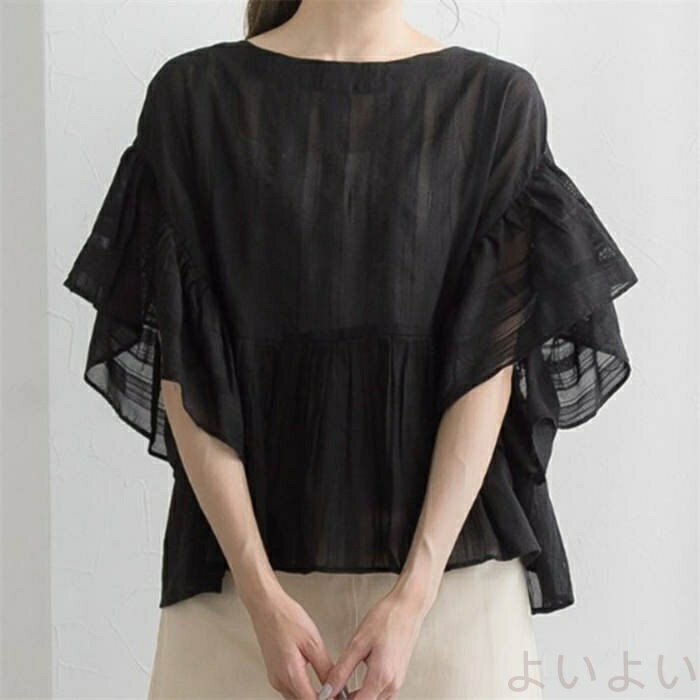 フリル袖 シャツ ブラウス レディース 半袖 薄手 かわいい 春夏 涼しい オフィス きれいめ シャツブラウス トップス レディースシャツ カジュアル プルオーバー