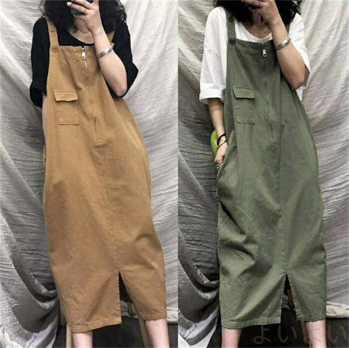 ジャンパースカート レディース 大人 ロング スリット 春 夏 秋 サロペット スカート 韓国風 カジュアル ワンピース サロペットスカート オールインワン