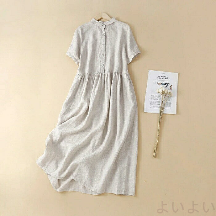 シャツワンピース ワンピース レディース 半袖 春 夏 無地 折り襟 綿麻風 シャツワンピ ガーゼタッチ ワンピース ロングワンピース Aライン フレア ワンピース